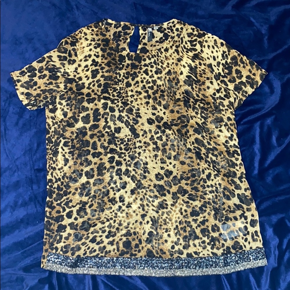 🌟🌟🌟Leopard Print Sheer Blouse with Beaded detail